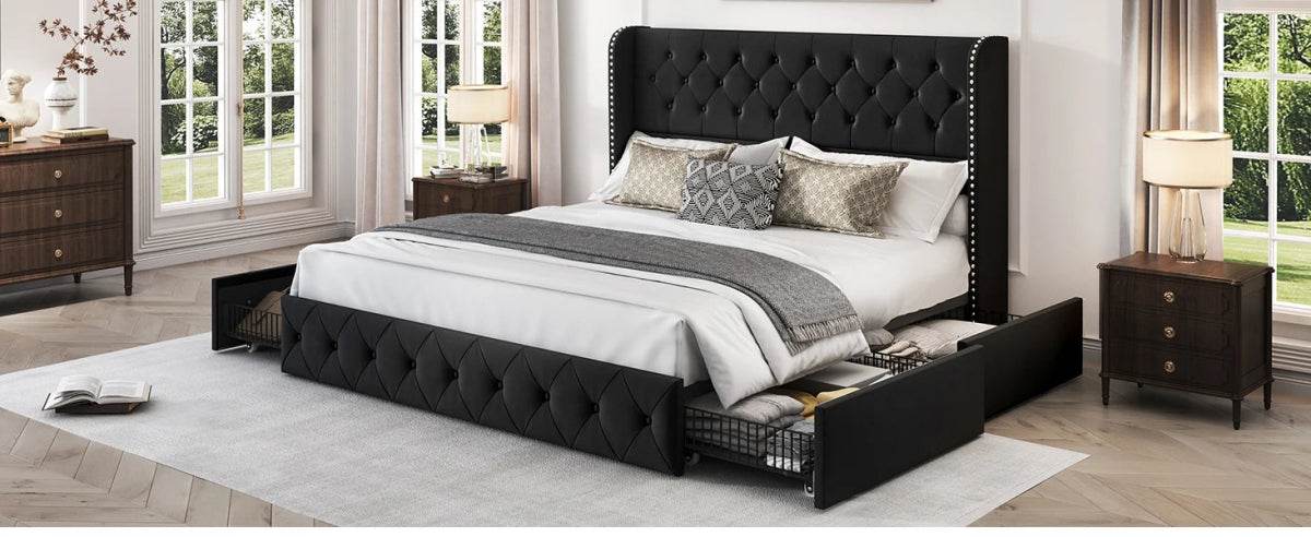 Velvet Upholstered Platform Bed Frame With Storage Drawers - Omega Lifestyles