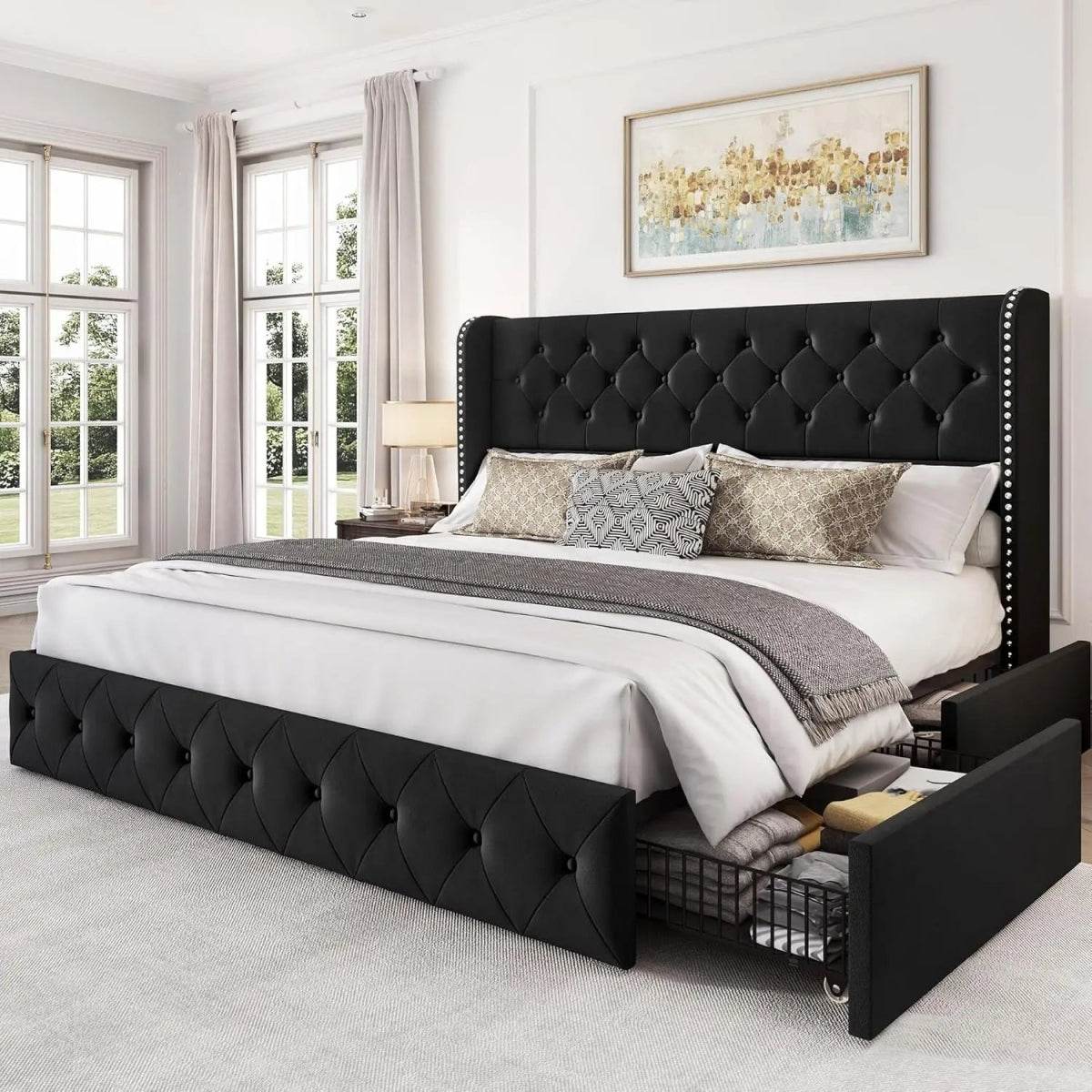 Velvet Upholstered Platform Bed Frame With Storage Drawers - Omega Lifestyles