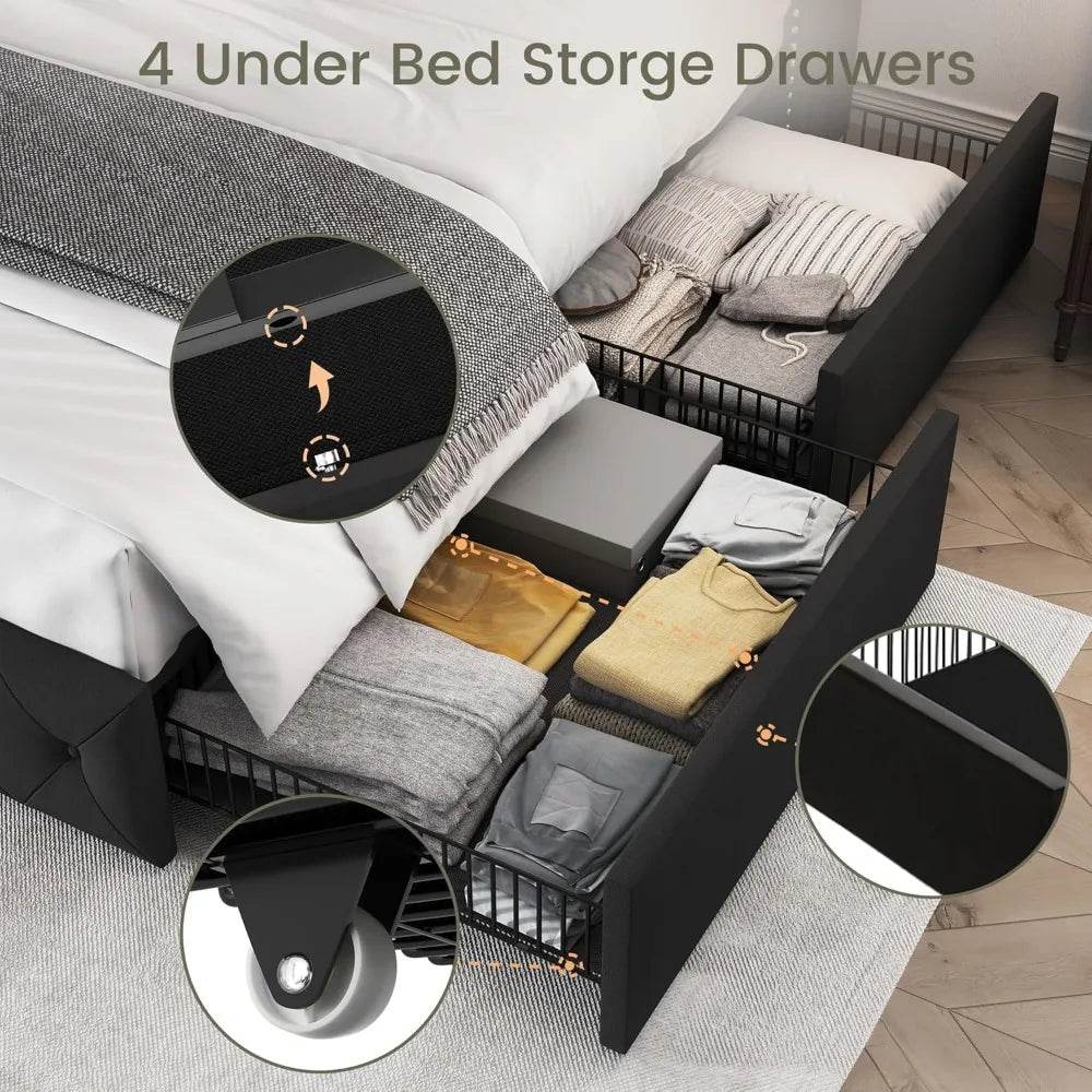 Velvet Upholstered Platform Bed Frame With Storage Drawers - Omega Lifestyles