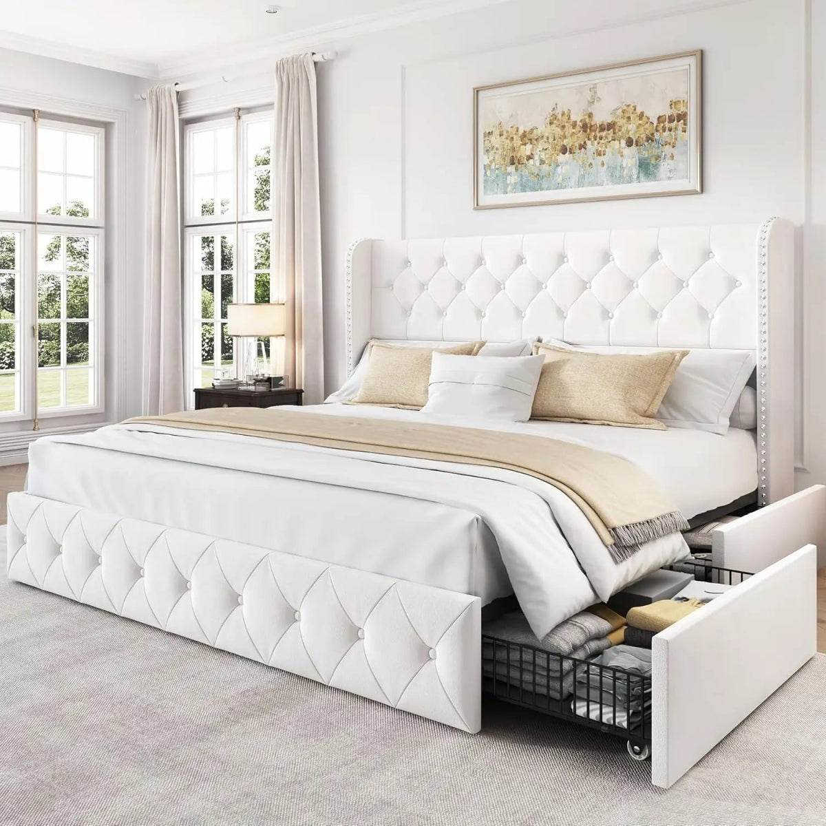 Velvet Upholstered Platform Bed Frame With Storage Drawers - Omega Lifestyles
