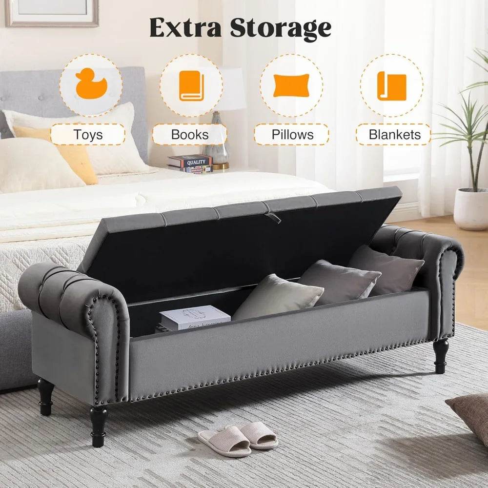 Velvet Upholstered Storage Bench - Omega Lifestyles