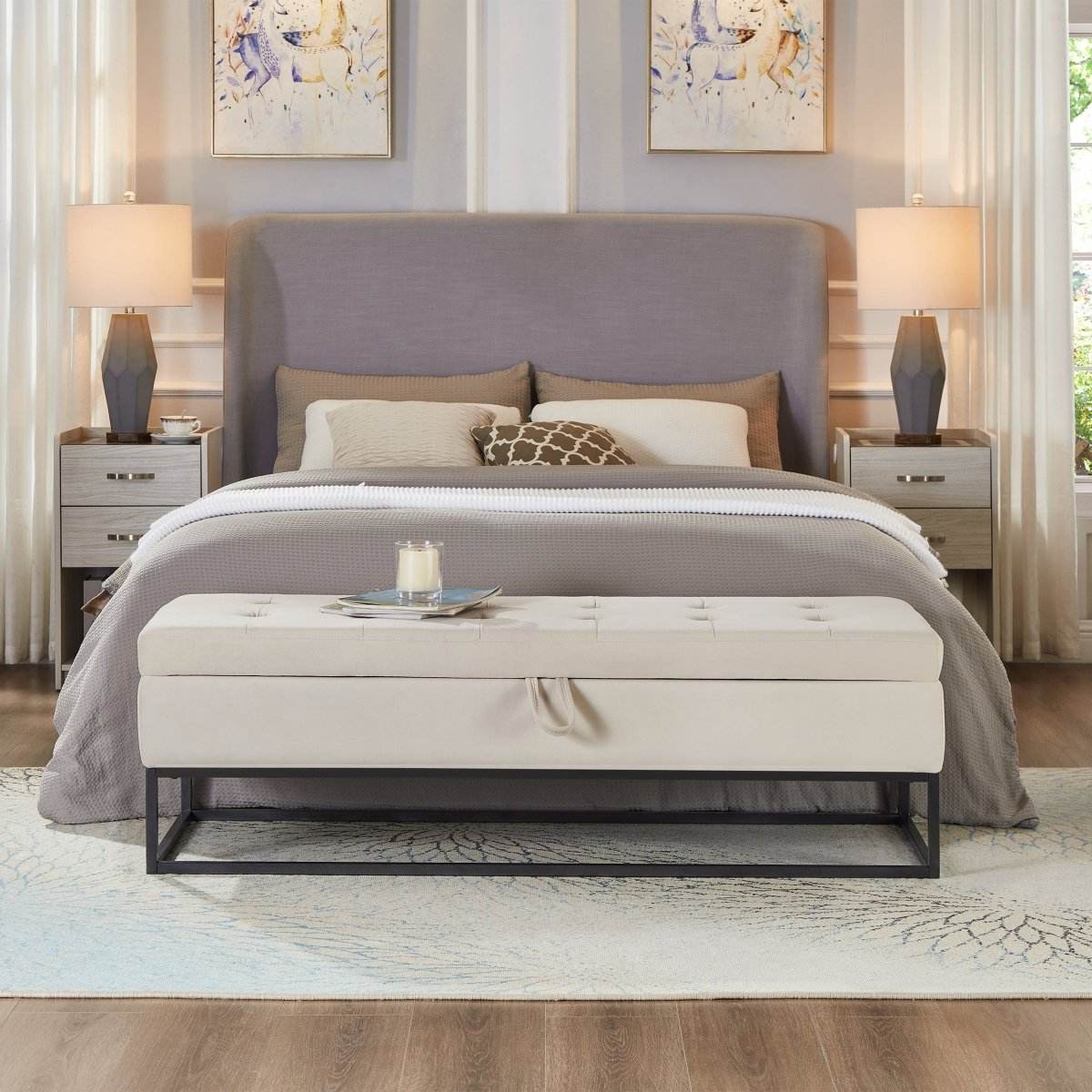 Velvet Upholstered Storage Bench With Metal Base - Sleep Galleria