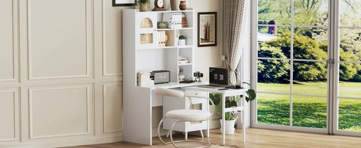White Computer Desk With 90-Degree Rotating Desktop and Storage - Omega Lifestyles