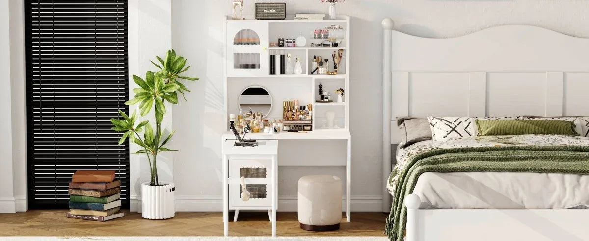 White Computer Desk With 90-Degree Rotating Desktop and Storage - Omega Lifestyles