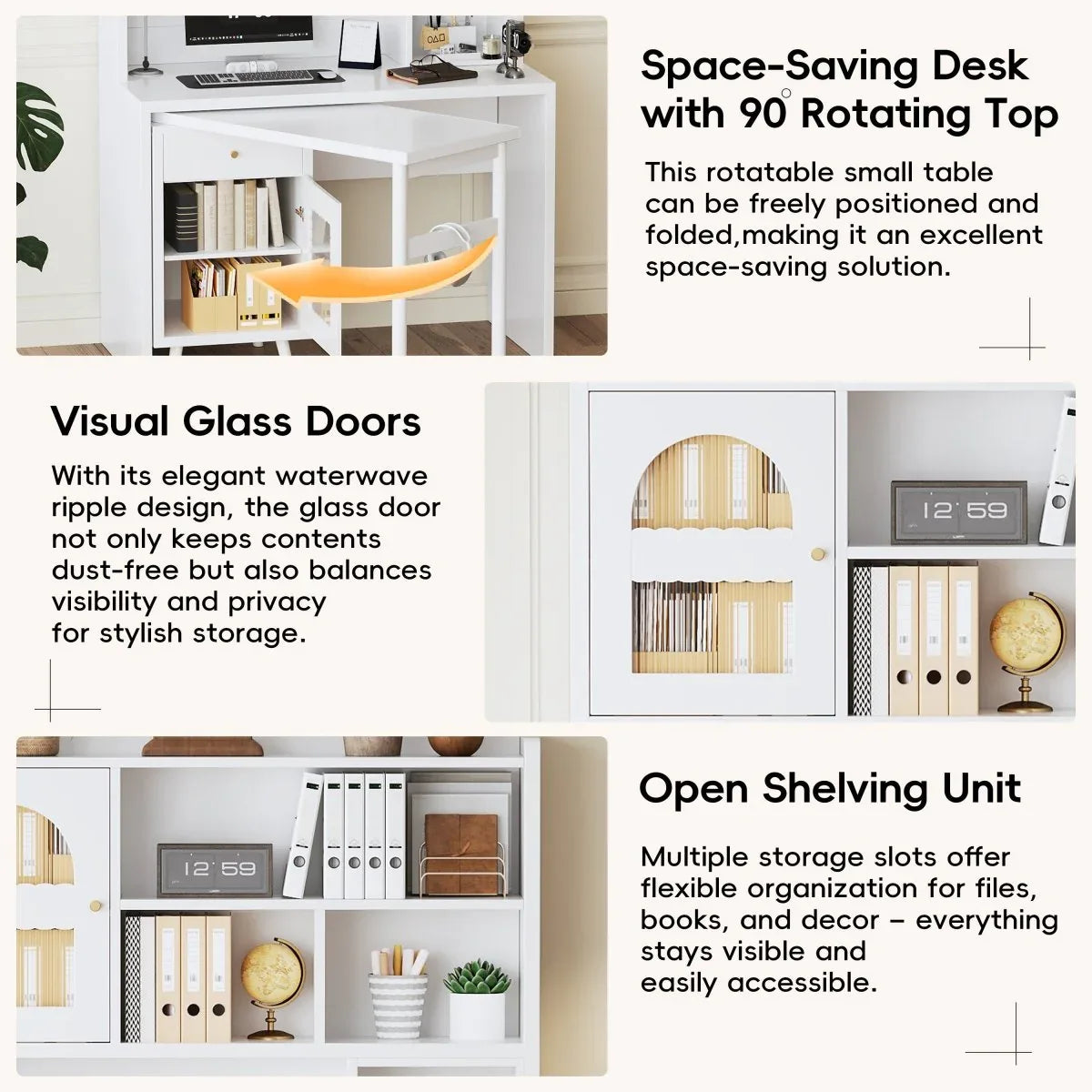 White Computer Desk With 90-Degree Rotating Desktop and Storage - Omega Lifestyles