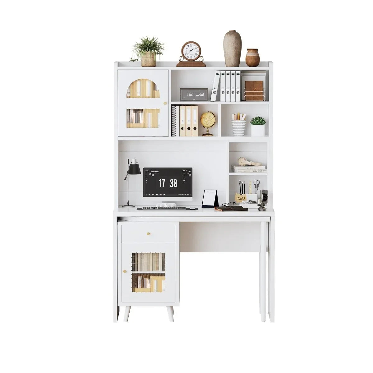 White Computer Desk With 90-Degree Rotating Desktop and Storage - Omega Lifestyles