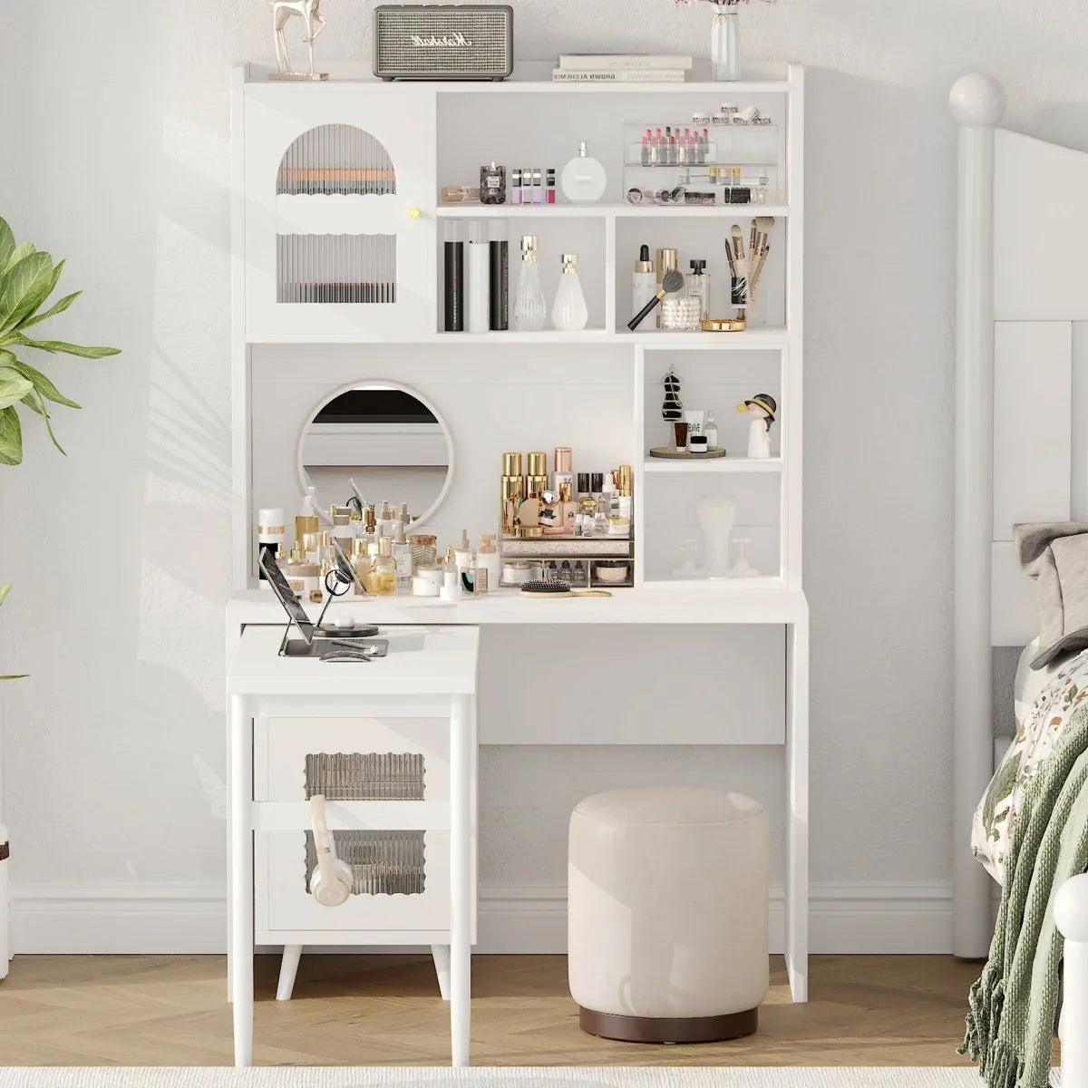 White Computer Desk With 90-Degree Rotating Desktop and Storage - Omega Lifestyles