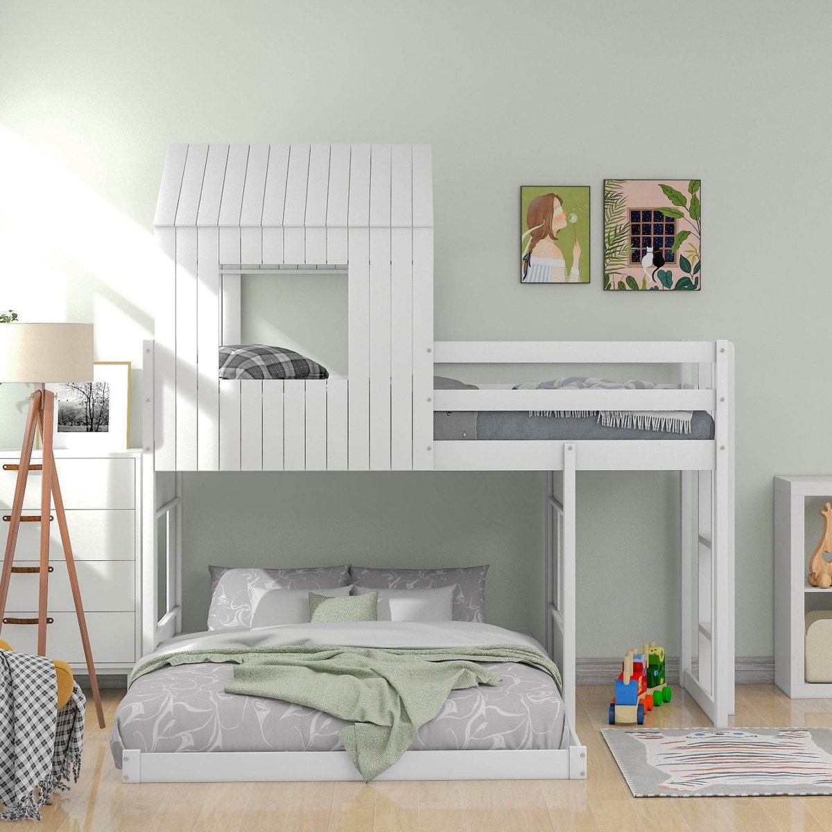 White Twin - Over - Full Solid Wood Playhouse Bunk Bed - Driftwood - Omega Lifestyles