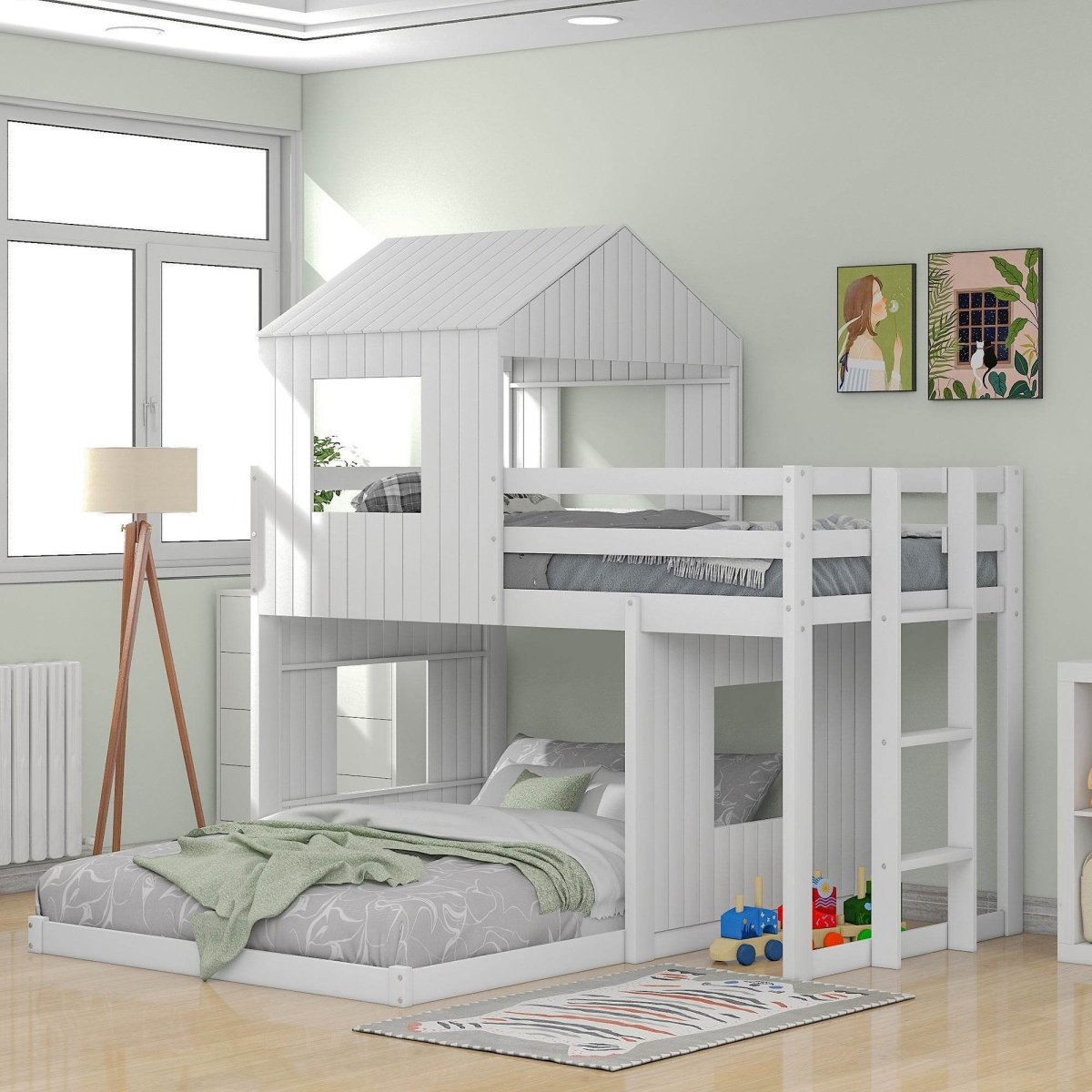White Twin - Over - Full Solid Wood Playhouse Bunk Bed - Driftwood - Omega Lifestyles