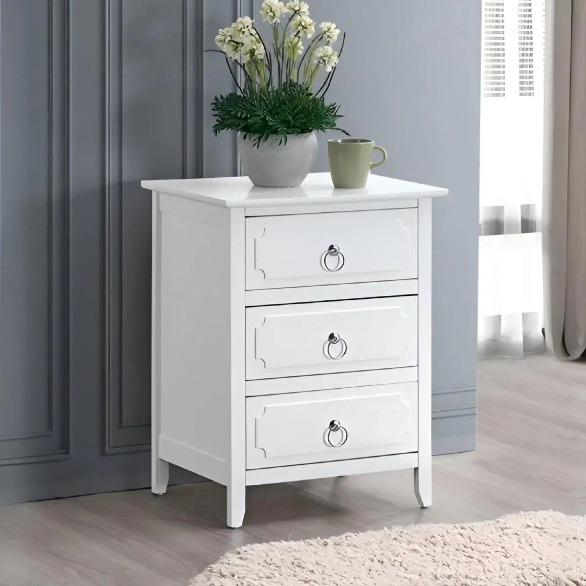 White Wood 3-Drawer Nightstand With Polished Nickel Hardware - Omega Lifestyles