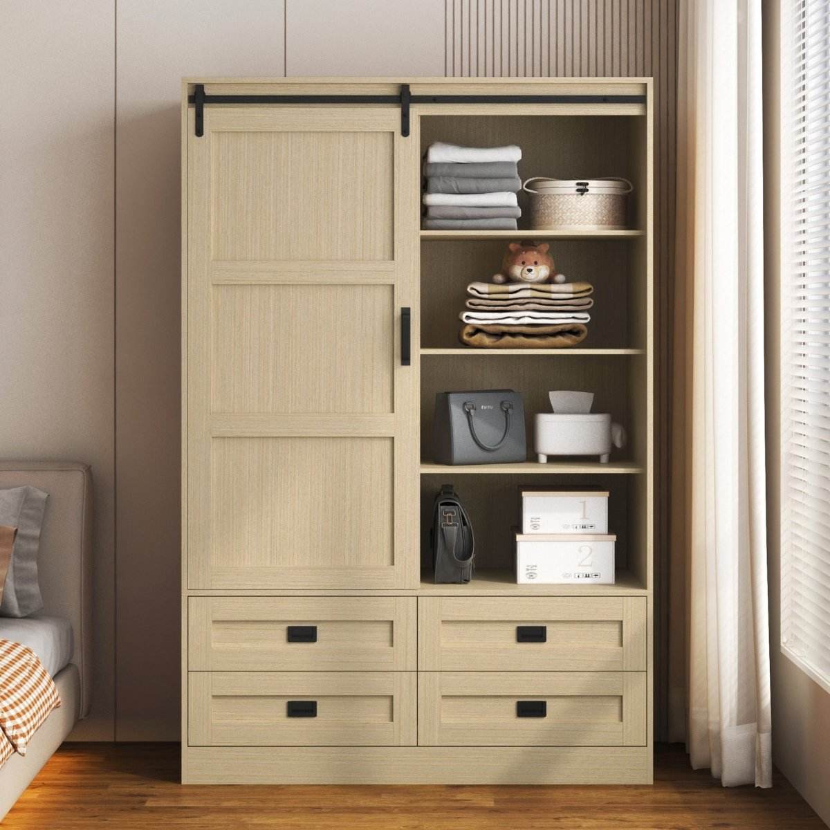 Wooden Sliding Barn Door Armoire Wardrobe Cabinet Storage - Sleep Galleria