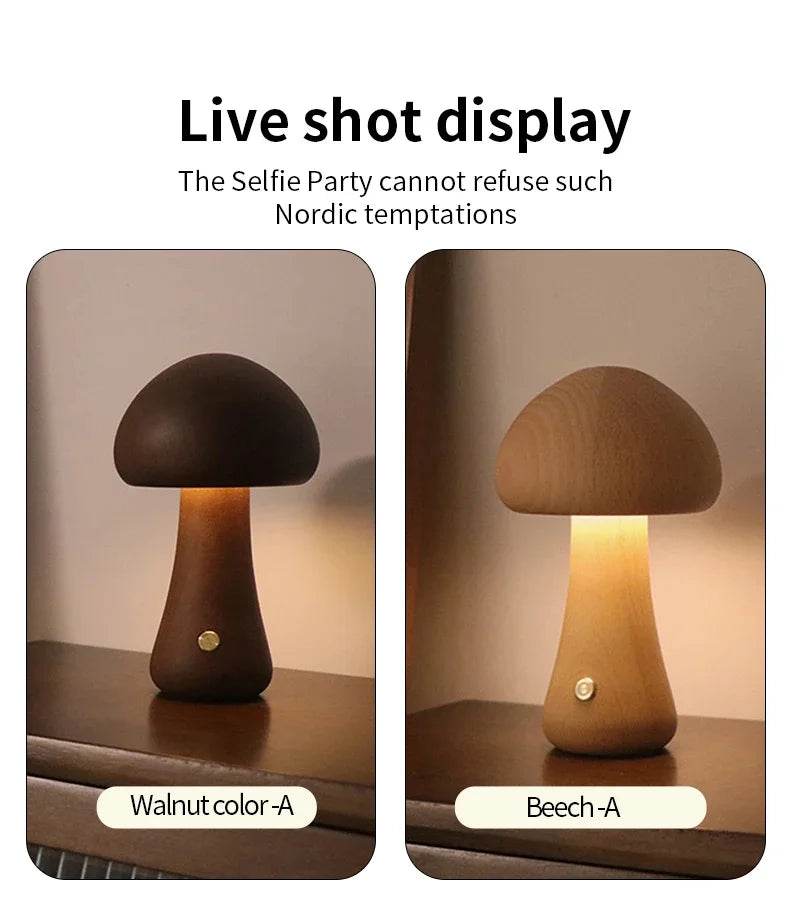 Wooden LED Mushroom Touch Table Lamp Dimmable - Sleep Galleria