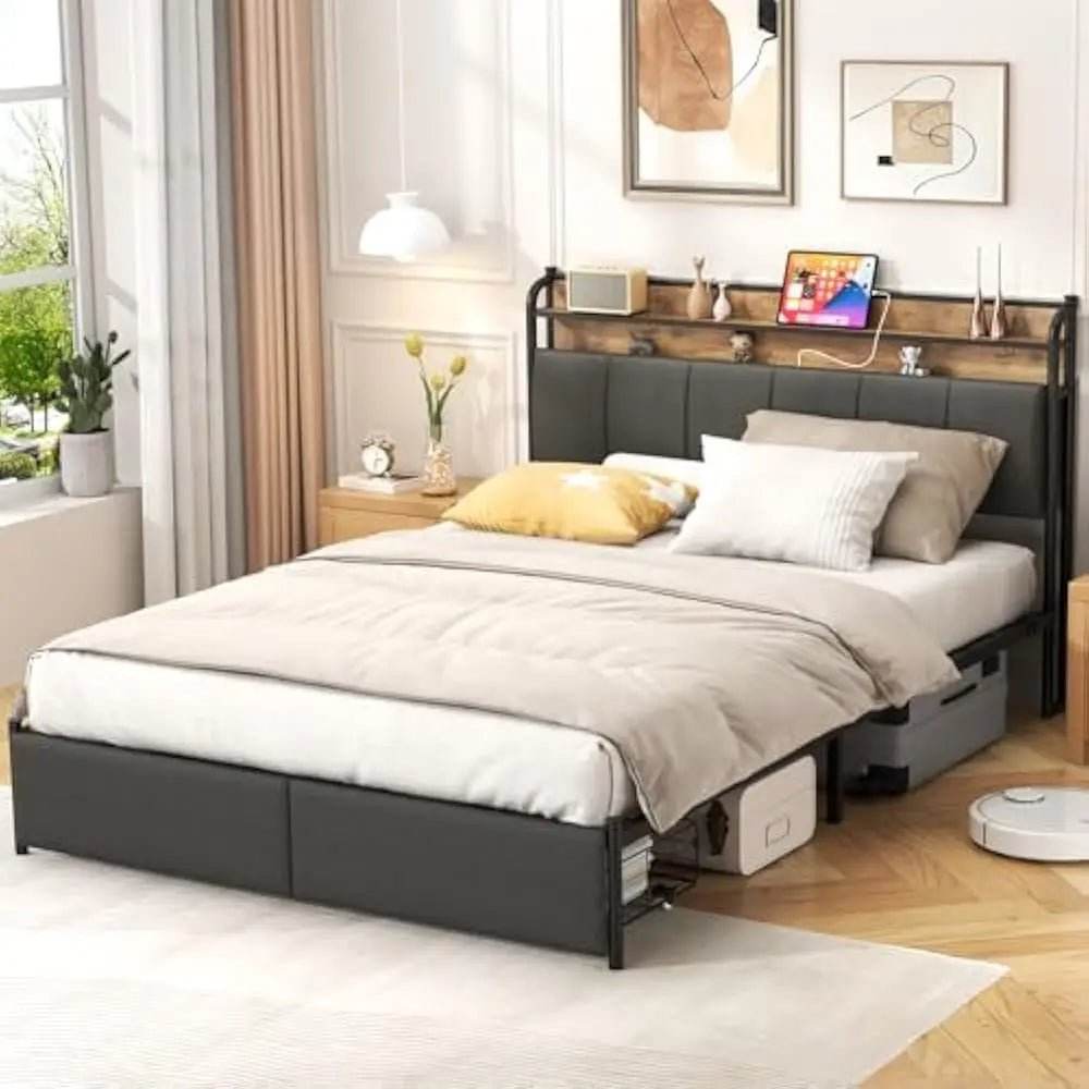 LED Upholstered Bed Frame With Storage Drawers and Charging Station - Omega Lifestyles