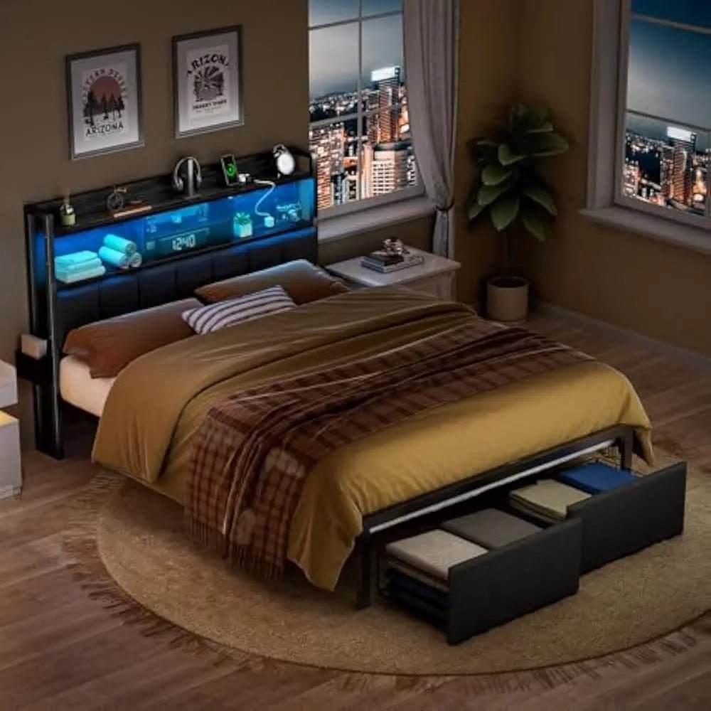 LED Upholstered Bed Frame With Storage Drawers and Charging Station - Omega Lifestyles