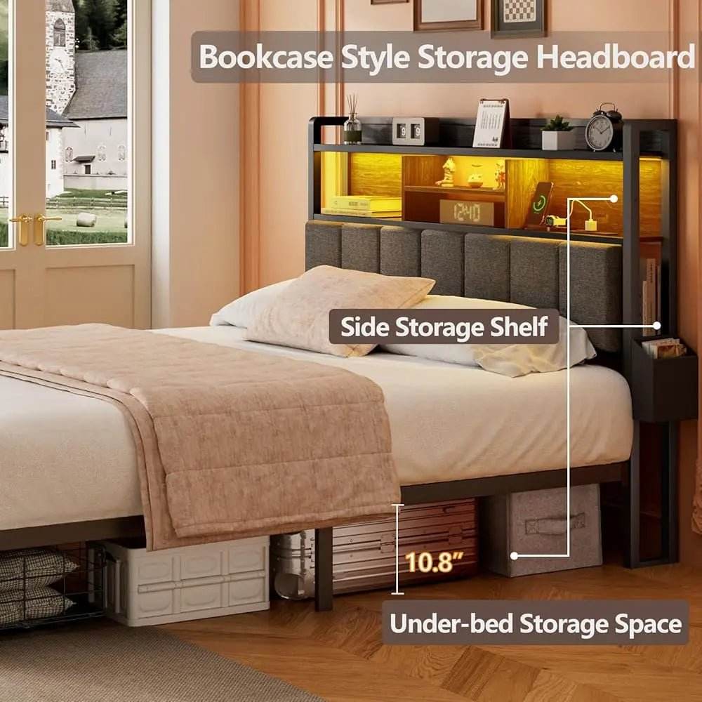 LED Upholstered Bed Frame With Storage Drawers and Charging Station - Omega Lifestyles