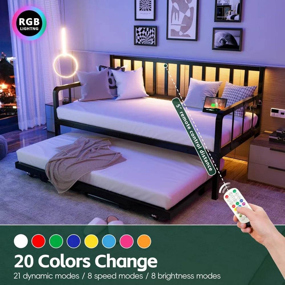 Metal Twin Daybed With Pop-Up Trundle Charging Station - Omega Lifestyles