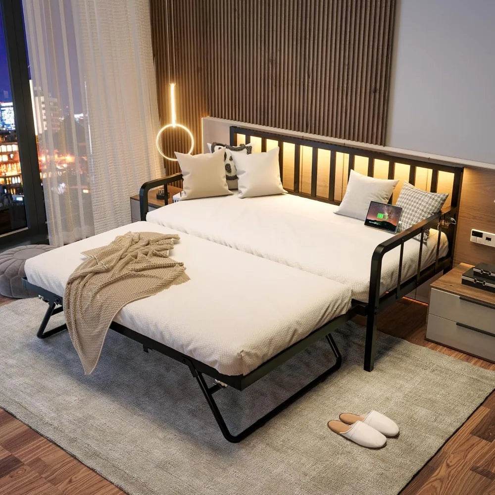 Metal Twin Daybed With Pop-Up Trundle Charging Station - Omega Lifestyles