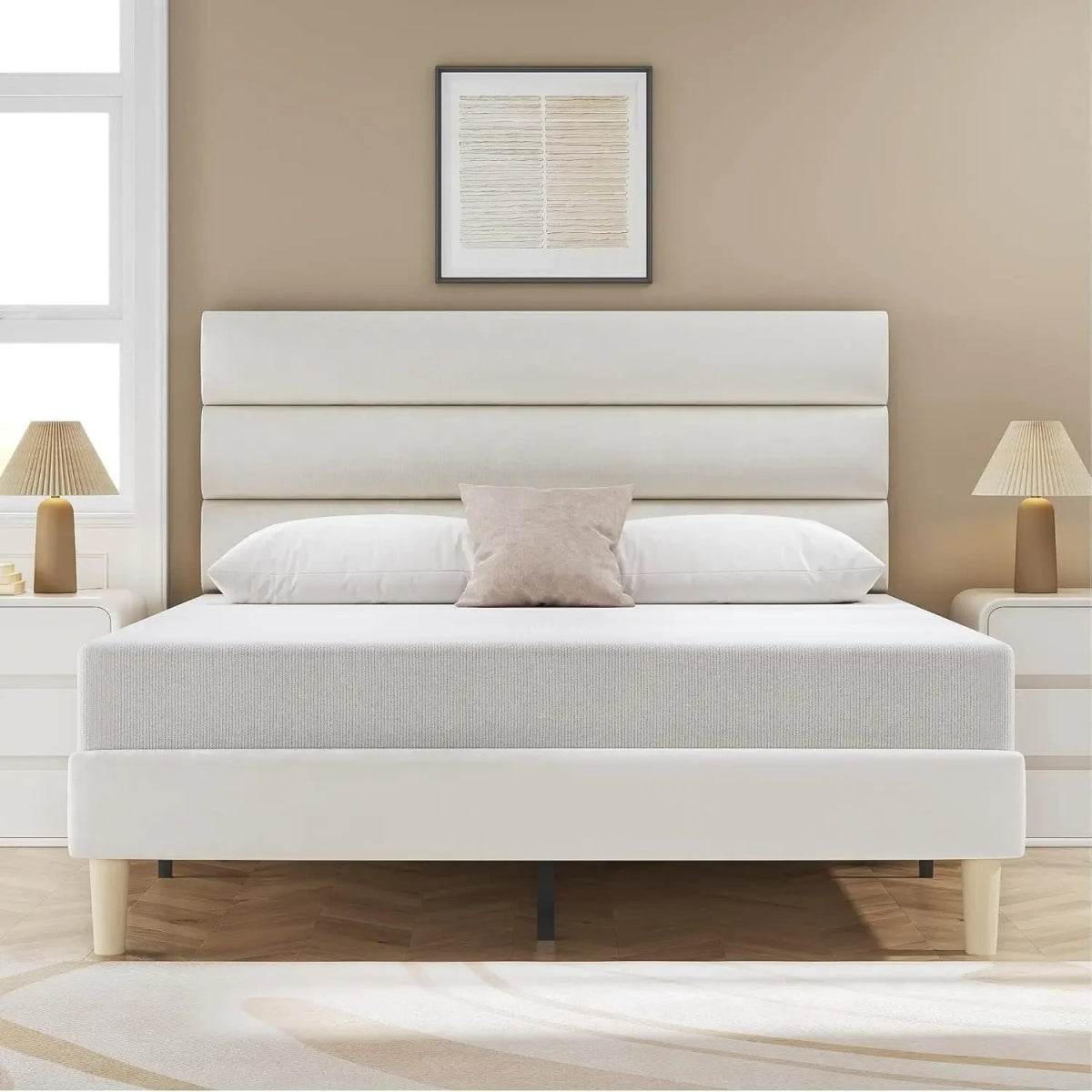 Modern Velvet Upholstered Metal Bed Frame With Headboard - Omega Lifestyles