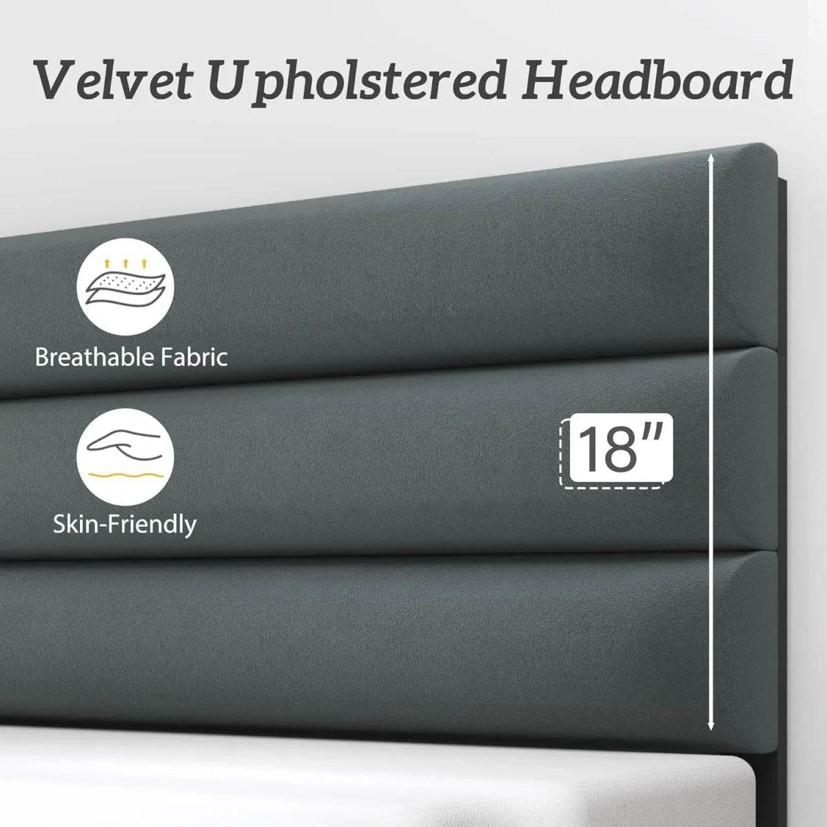 Modern Velvet Upholstered Metal Bed Frame With Headboard - Omega Lifestyles