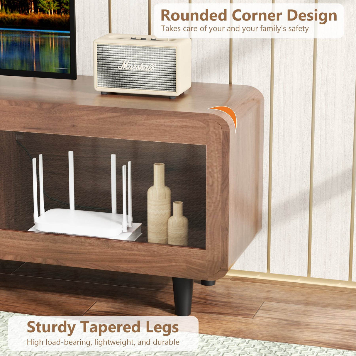 Mid Century Modern Walnut Wood TV Stand With Charging Station - Sleep Galleria