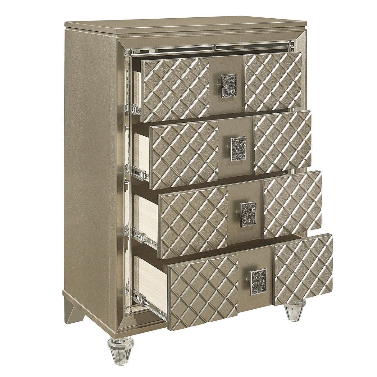 Champagne Finish Wood Chest Of 4 Drawers Bedroom Furniture - Omega Lifestyles