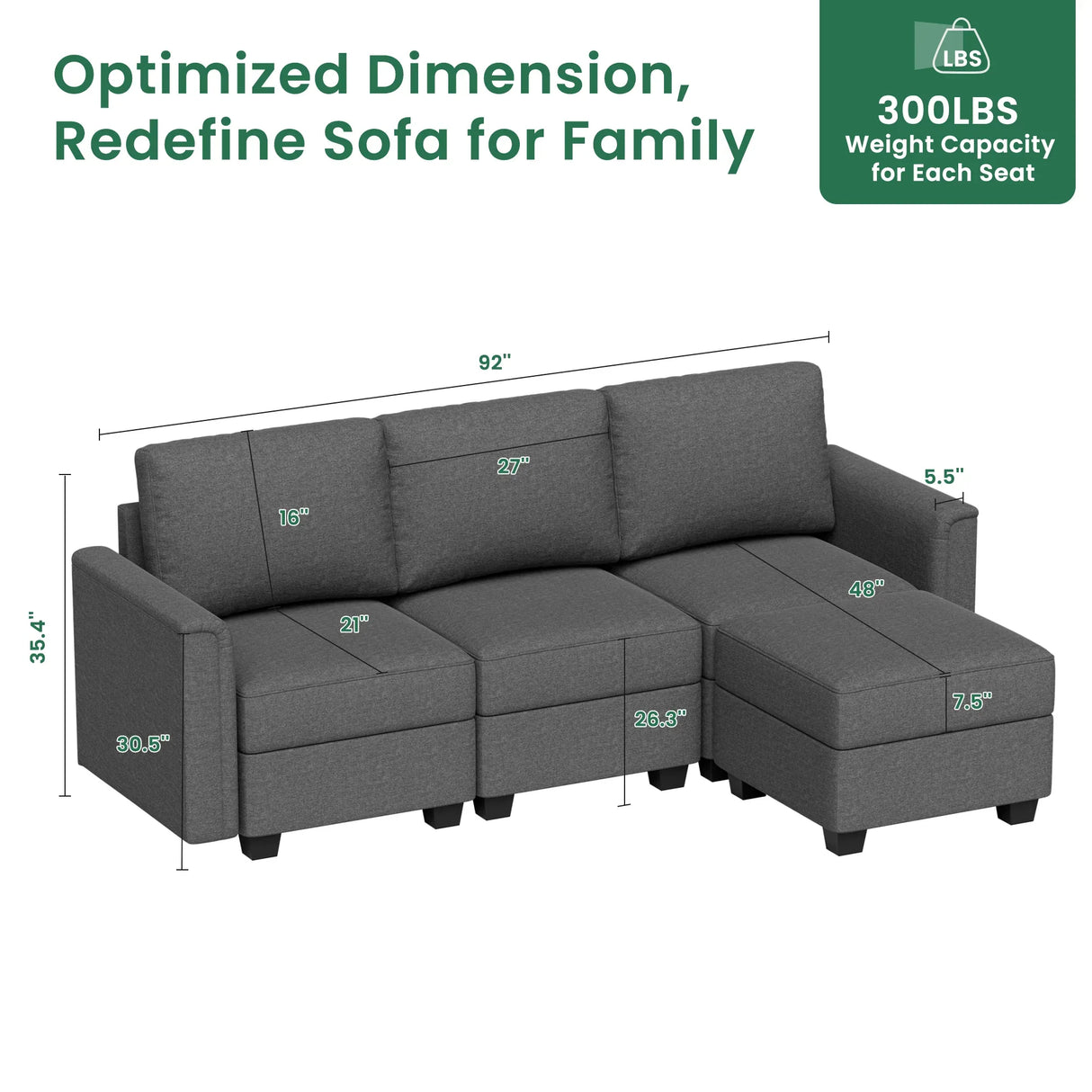 Modular 4-Seat Memory Foam Sectional Sofa Couch - Omega Lifestyles
