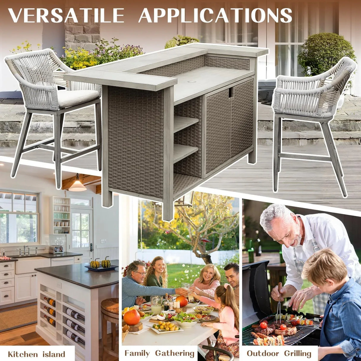 Outdoor Patio Aluminum Wicker Bar Table With Stools Set Of 3 - Omega Lifestyles