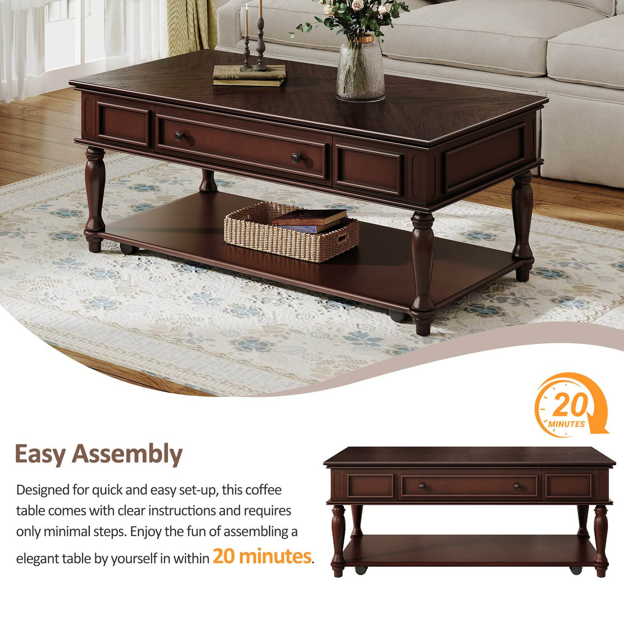 Retro Farmhouse Coffee Table With Drawer And Wheels - Sleep Galleria