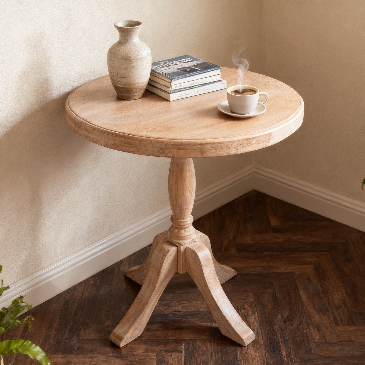 Round Solid Wood Adjustable Height Pedestal Side Table