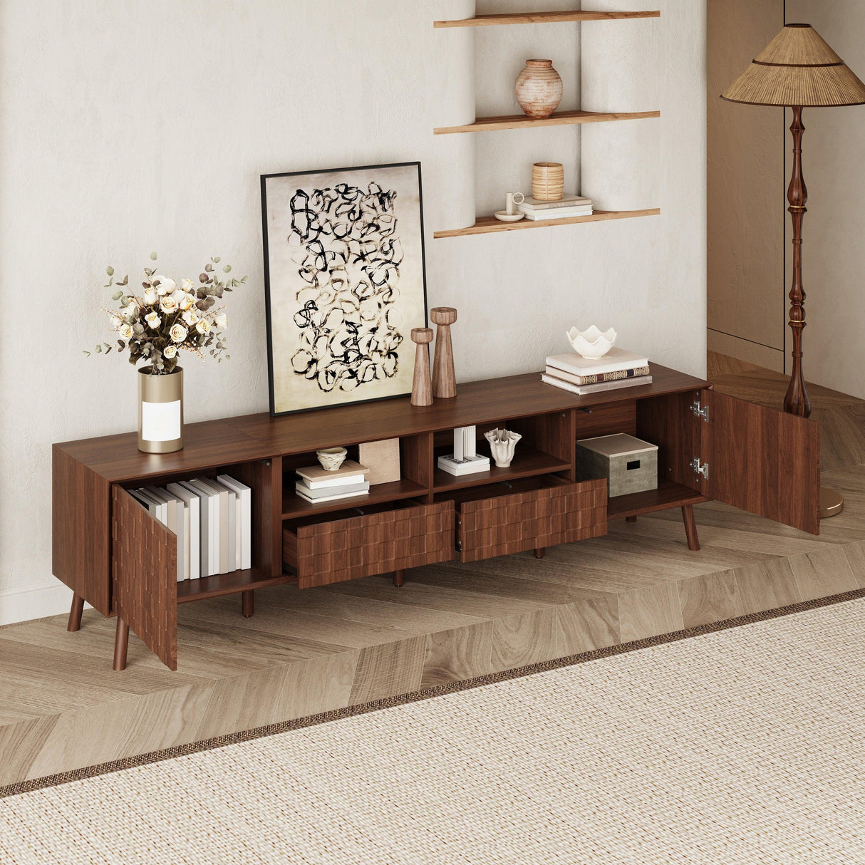 Modern Walnut 78-Inch TV Stand With Cable Management - Omega Lifestyles