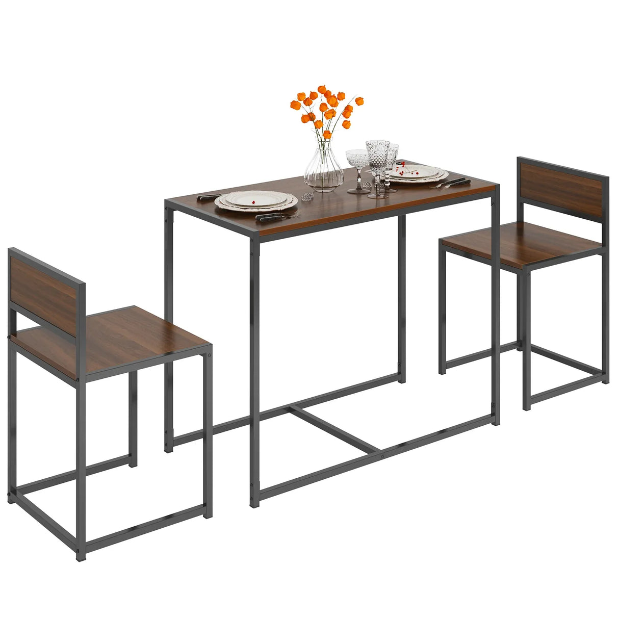 Modern Rectangular Brown MDF 3-Piece Dining Table Set - Omega Lifestyles