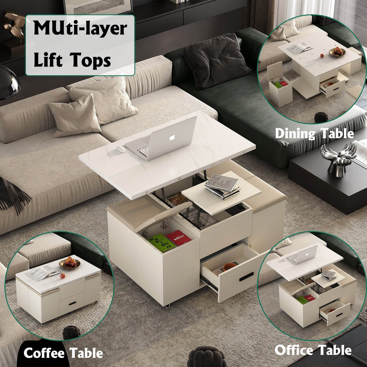 Modern Lift-Up Coffee Table With Storage And Four Stools - Sleep Galleria
