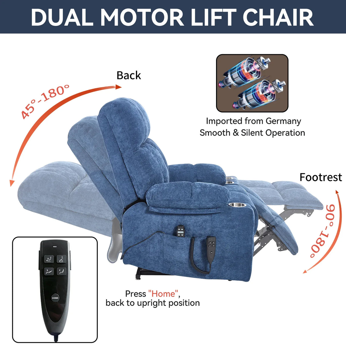 Blue Medium-Firm Power Lift Recliner Chair With Massage - Omega Lifestyles