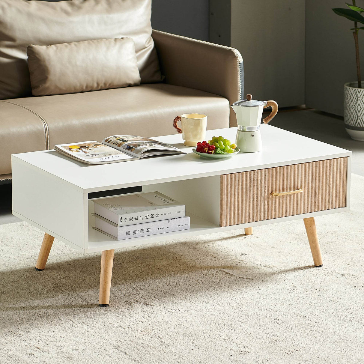 White Solid Wood Sliding Drawer Coffee Table - Sleep Galleria