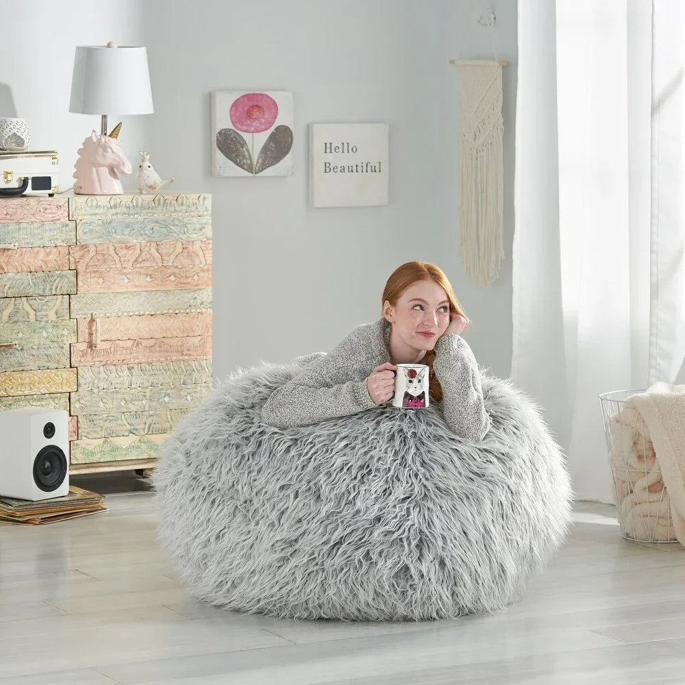Silver Gray Faux Fur Modern Glam Bean Bag Chair - Omega Lifestyles