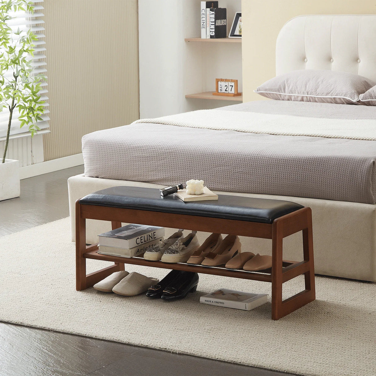 Walnut Rubber Wood Shoe Stool With Flip-Top Storage Bench - Omega Lifestyles