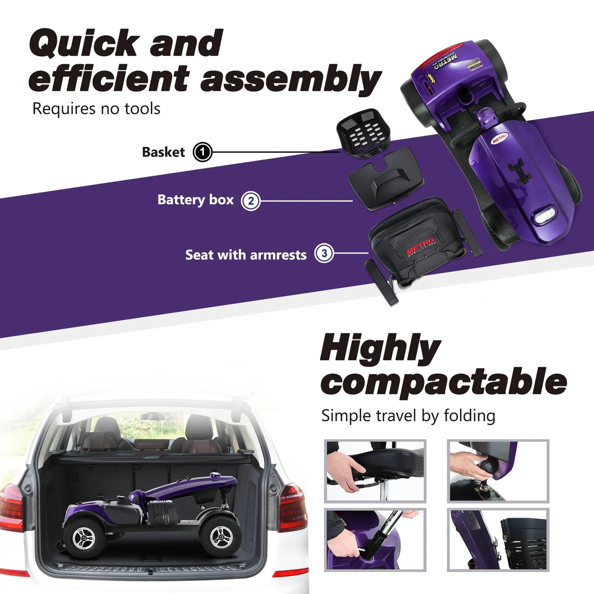 Outdoor Compact Purple Mobility Scooter With USB Charger Port - Omega Lifestyles