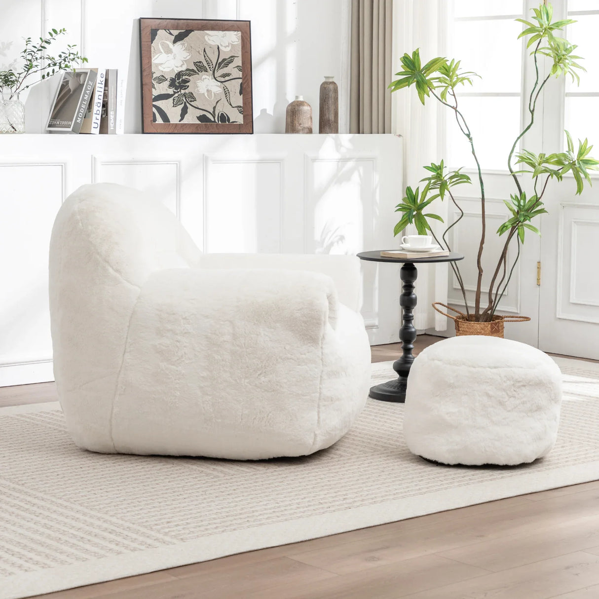 Faux Fur High Density Foam Bean Bag Chair With Footstool - Omega Lifestyles