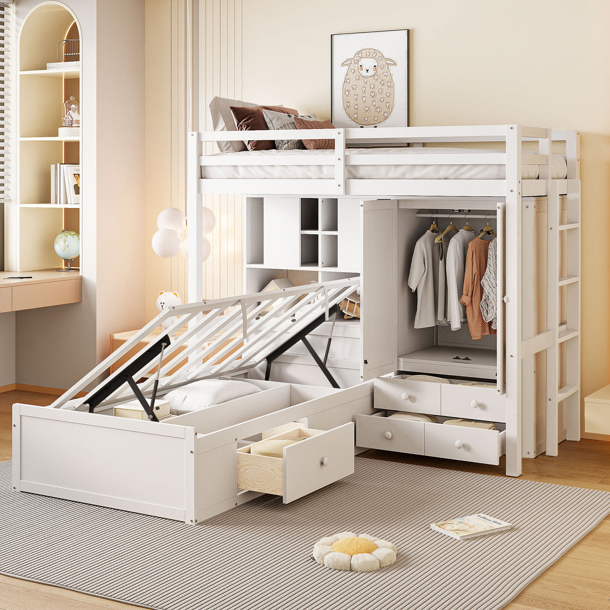 Twin Hydraulic Storage Bunk Bed With Wardrobe Drawers