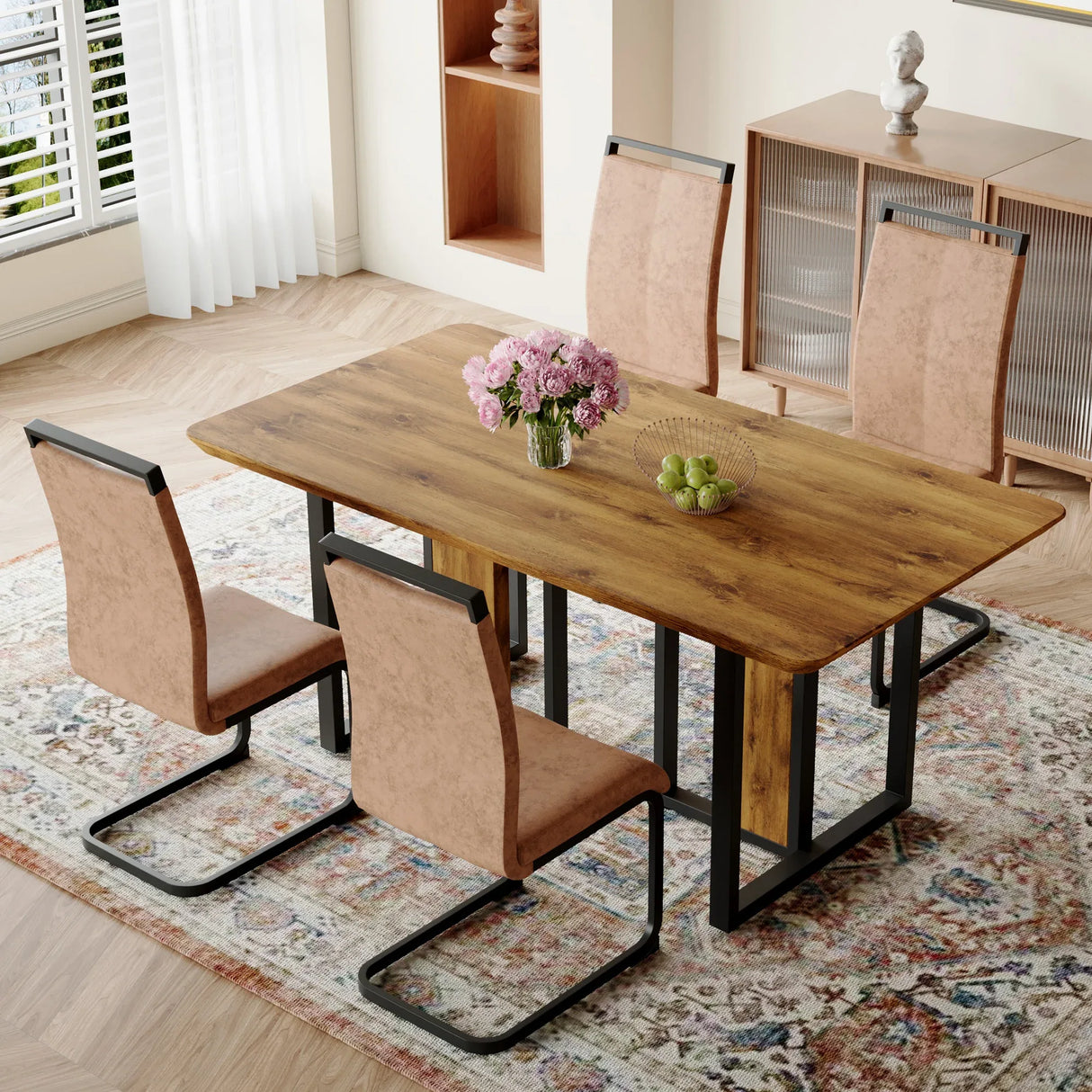 Wood-Textured MDF Dining Table Set With 4 Fabric Chairs - Omega Lifestyles