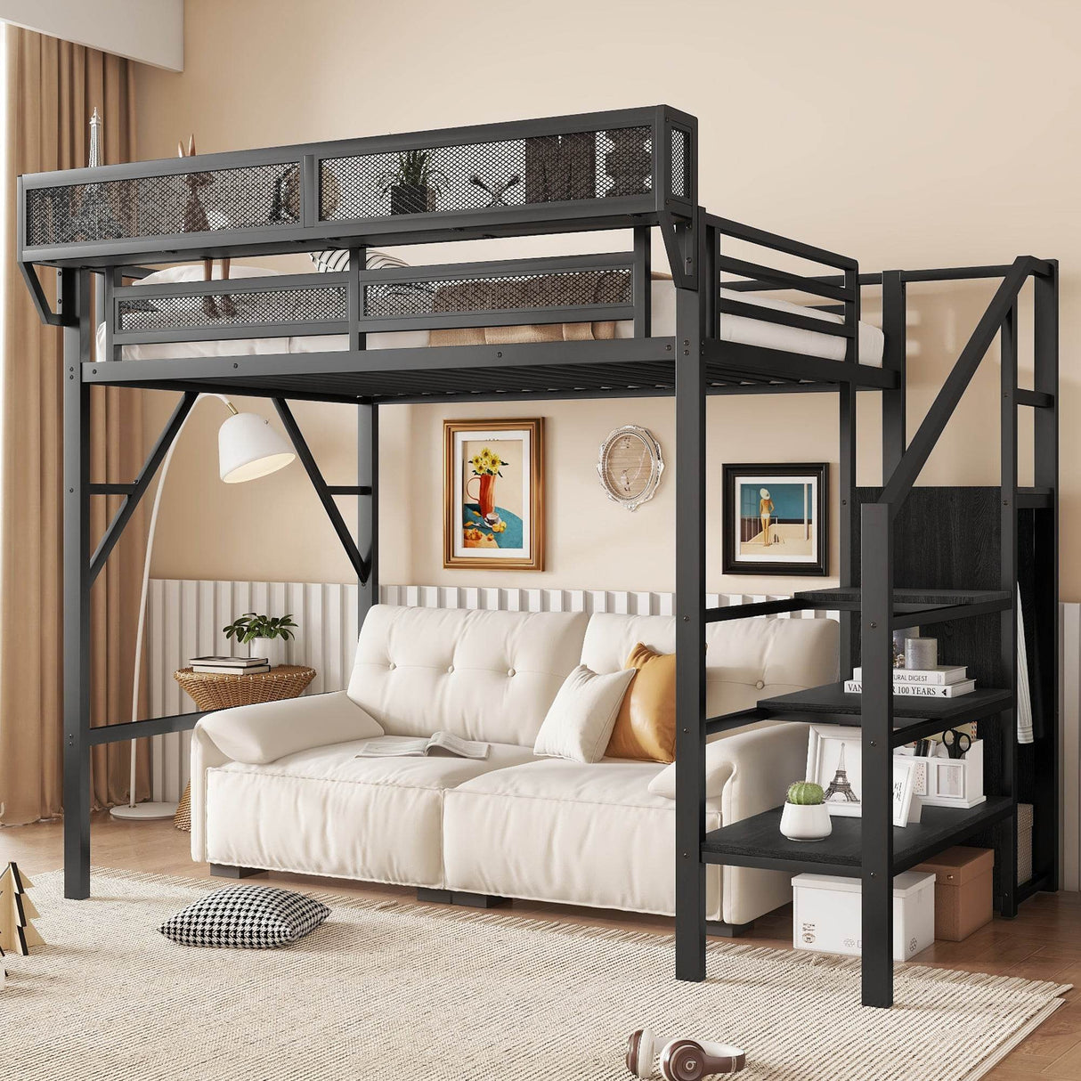 Twin Metal Loft Bed With Stairs Storage Shelves - Omega Lifestyles