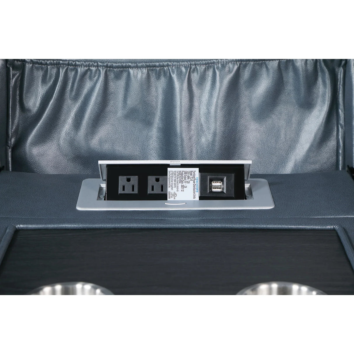 Blue Faux Leather Motion Reclining Sofa With Drop-Down Table - Omega Lifestyles