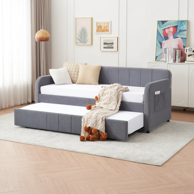 Twin Velvet Upholstered Daybed Frame With Trundle - Omega Lifestyles