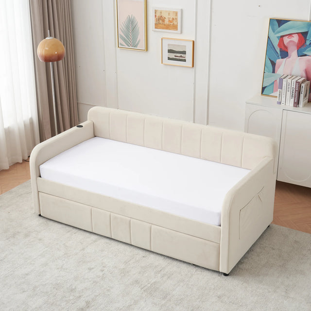 Twin Upholstered Velvet Daybed Frame With Trundle - Omega Lifestyles