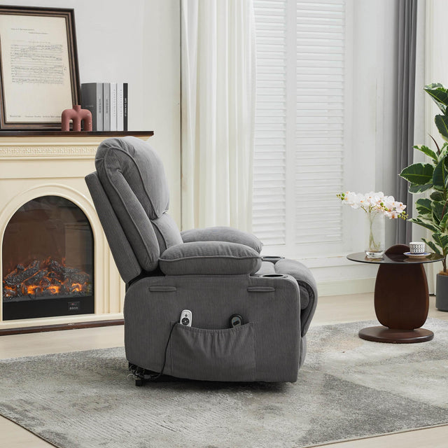 Medium-Firm Corduroy Remote-Controlled Heating Massage Recliner - Omega Lifestyles