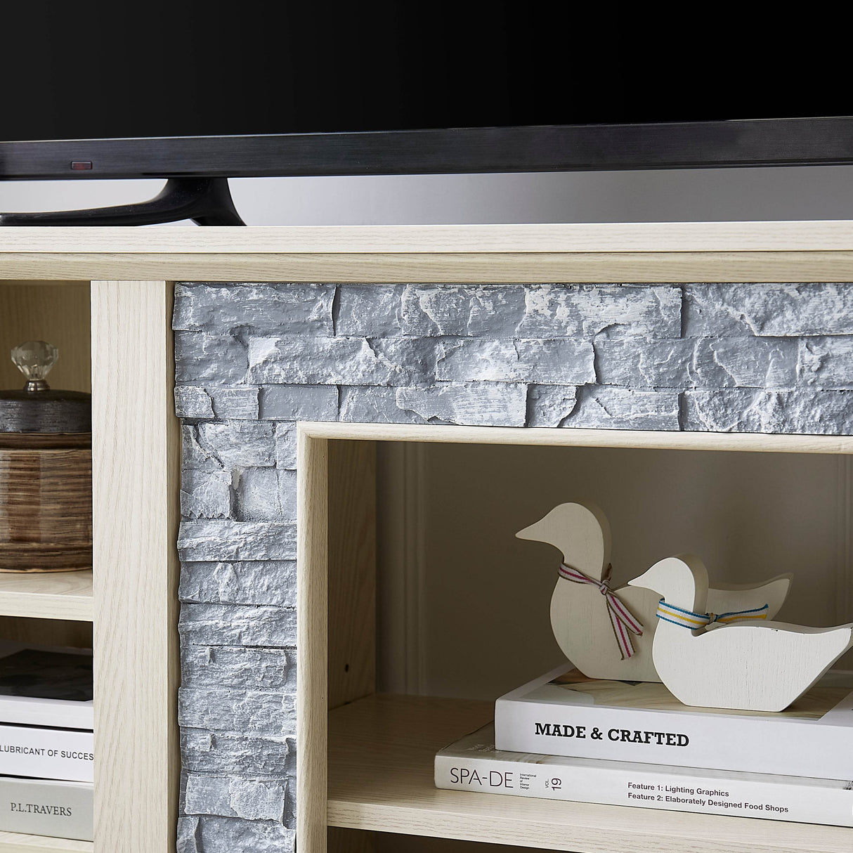 White Faux Stone Entertainment Console TV Stand - Sleep Galleria