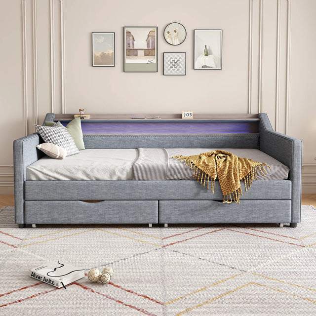 Twin Linen Upholstered Daybed Frame With Storage Drawers - Omega Lifestyles