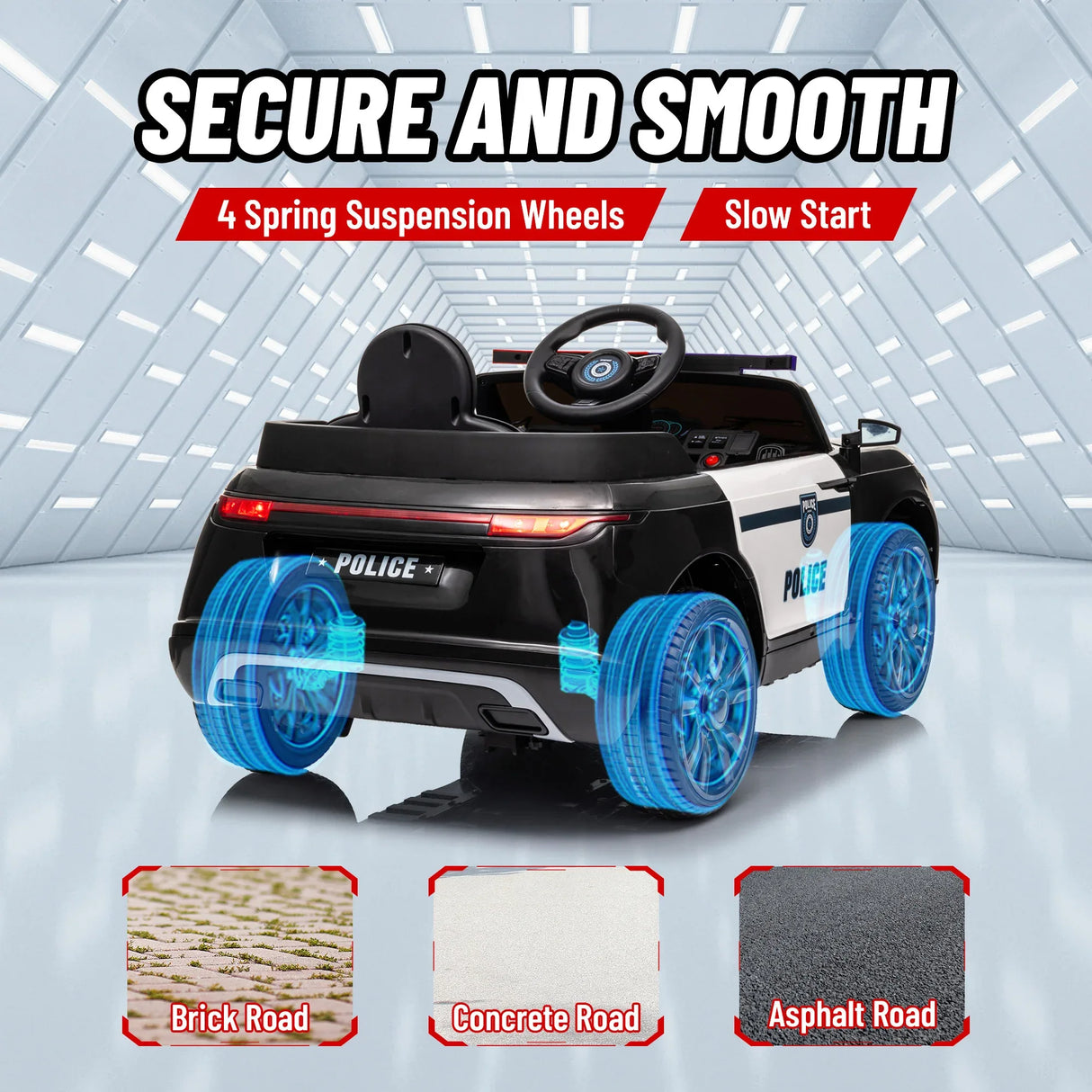 12V Remote Control Kids Electric Police Car With Suspension - Omega Lifestyles