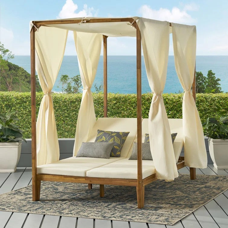 Teak Wood Outdoor Daybed With Water-Resistant Curtains