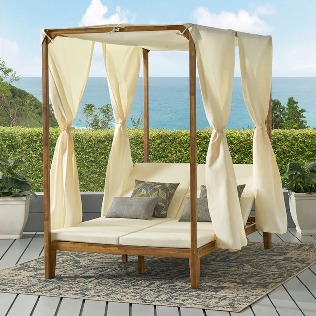 Teak Wood Outdoor Daybed With Water-Resistant Curtains